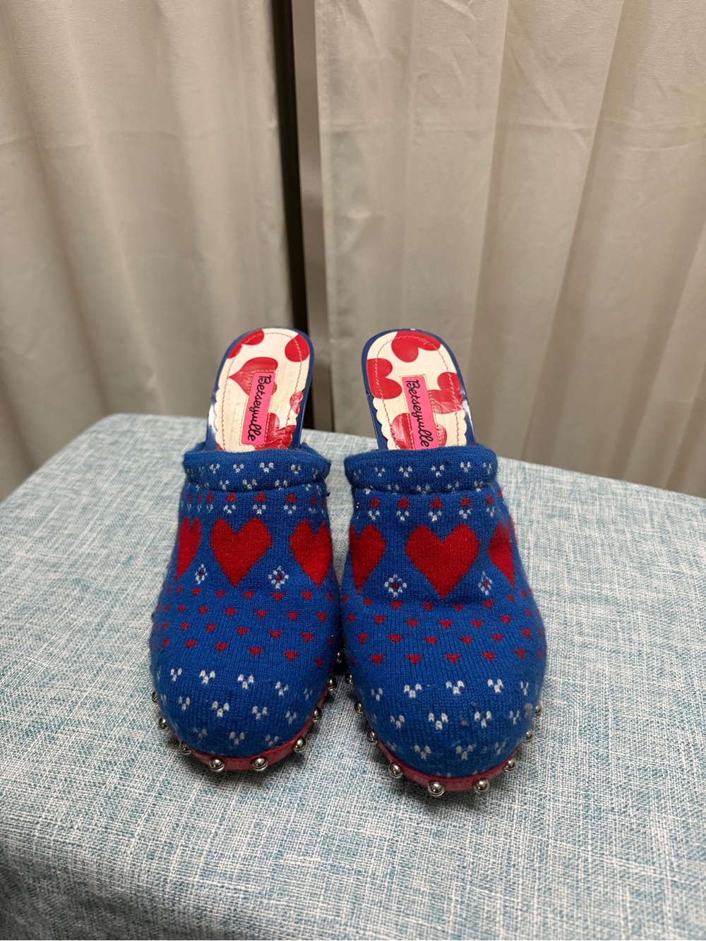 Betsey Johnson Blue Knit Mules with Red Heart Details